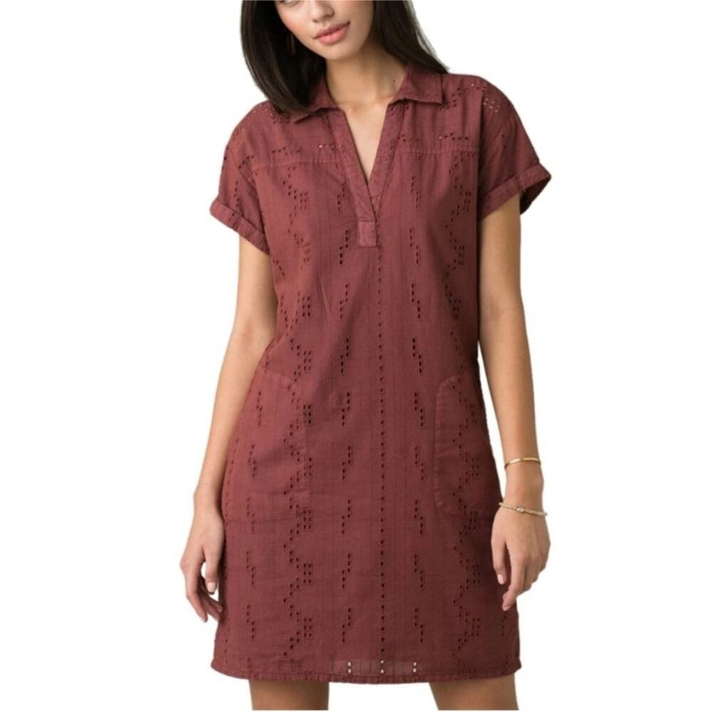 Prana Ladyland Eyelet Polo Collar Sheath Minimalist Shirt Dress SMALL Earth tone